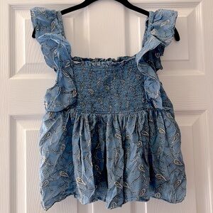 Elan Paisley Ruffle Sleeve Shirred Babydoll Top